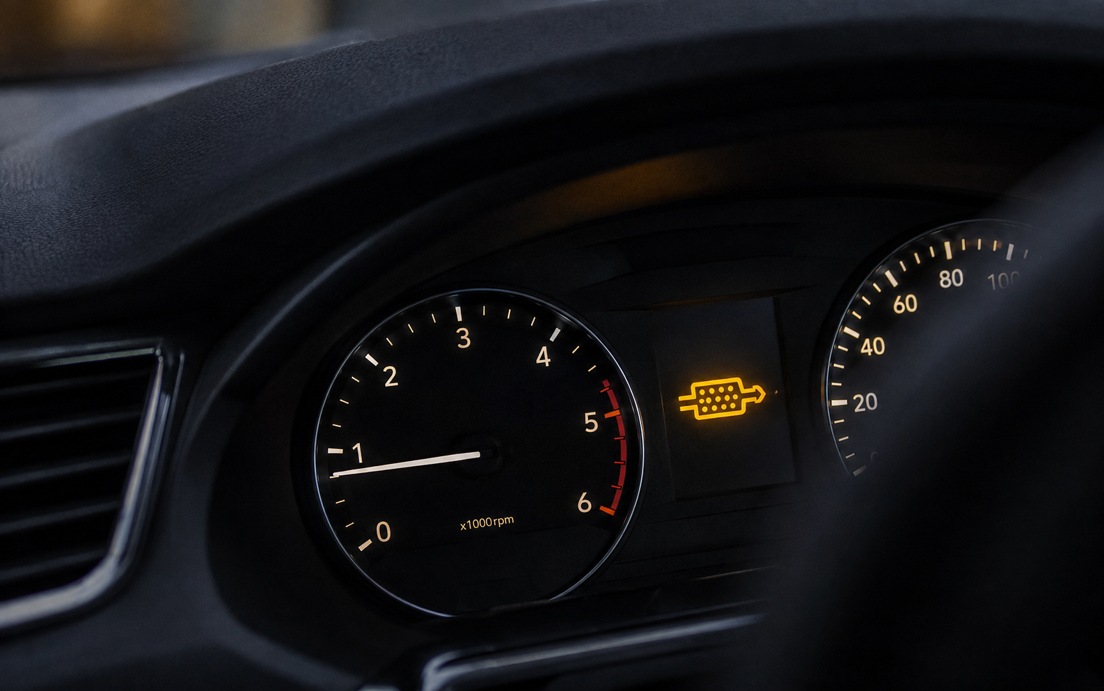 Vehicle dashboard showing a DPF warning light